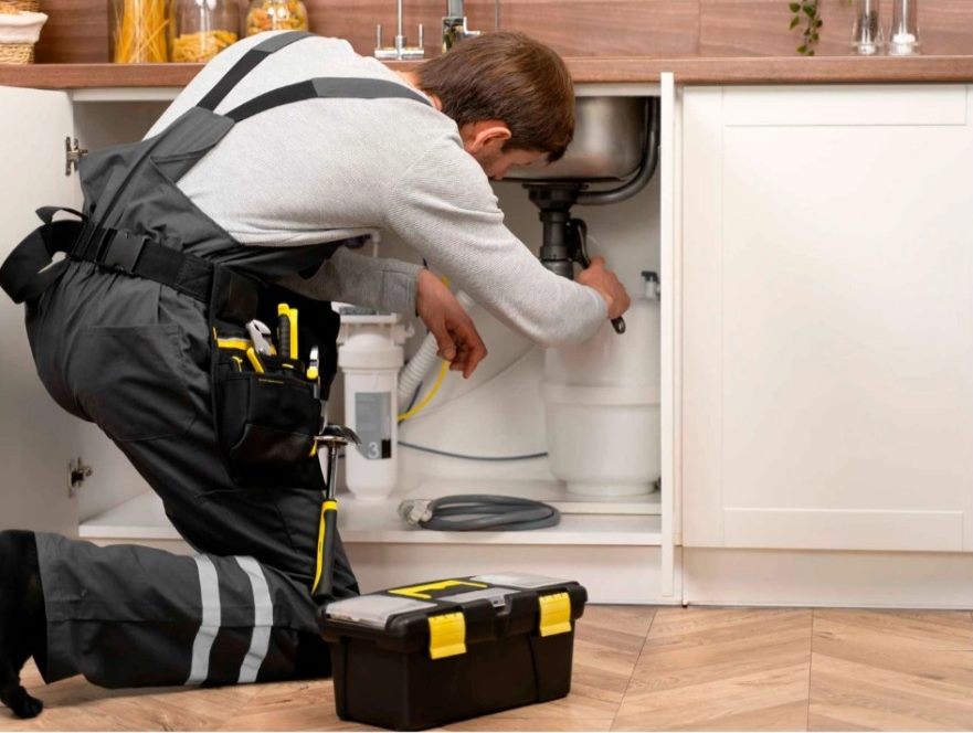 Técnico reparando la instalación bajo un fregadero